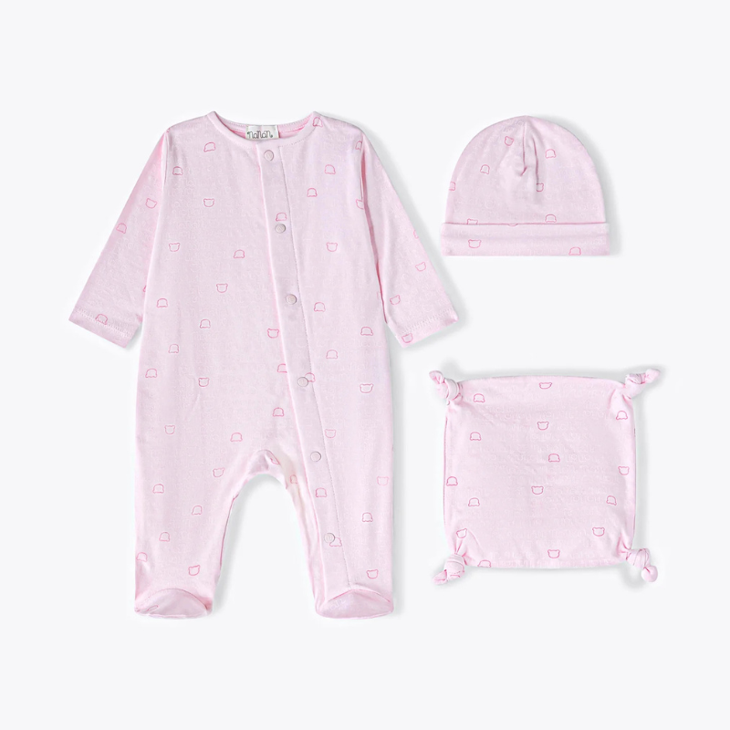 Set 3 pezzi tutina, berretta e doudou rosa