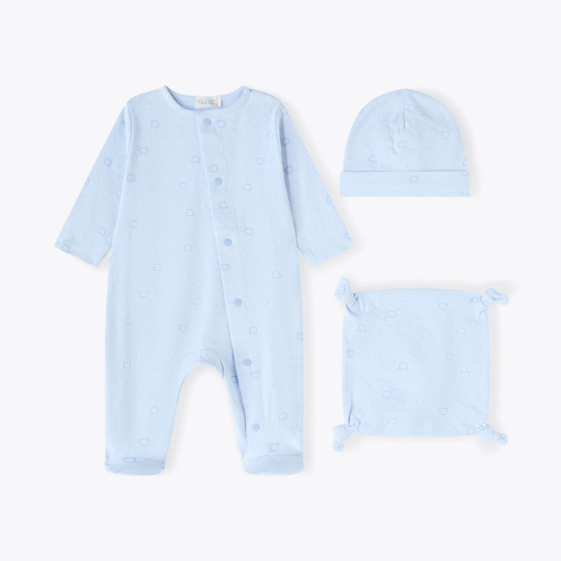 Set 3 pezzi tutina, berretta e doudou azzurro