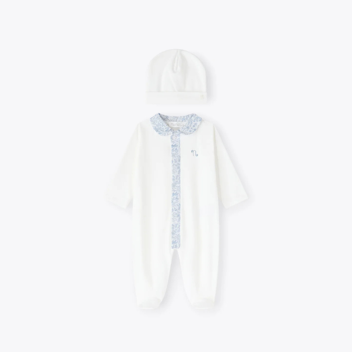 Tutina e berretta avorio in jersey azzurro