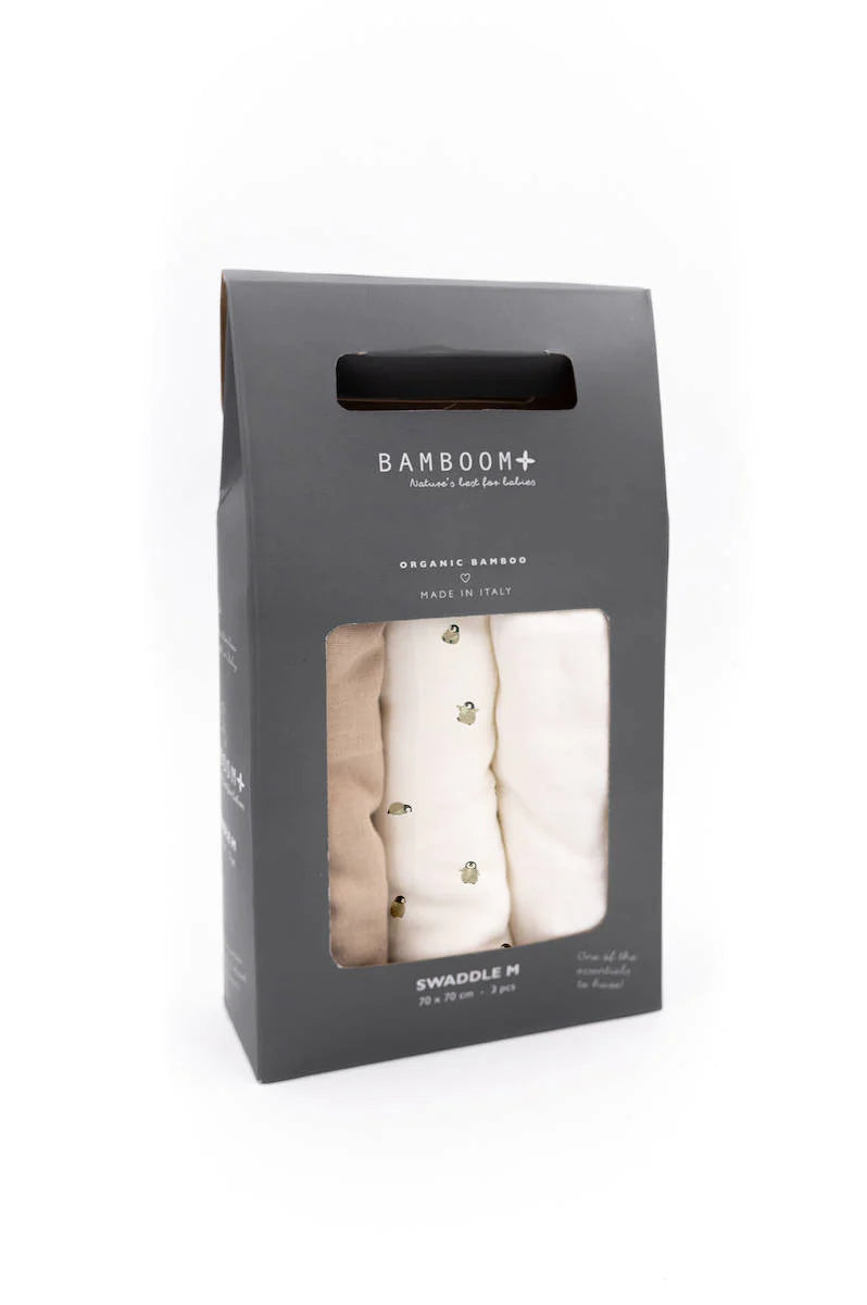 Swaddle Muslin Medium multi-uso 70x70cm 3-Pack - Penguins / Offwhite / Sand