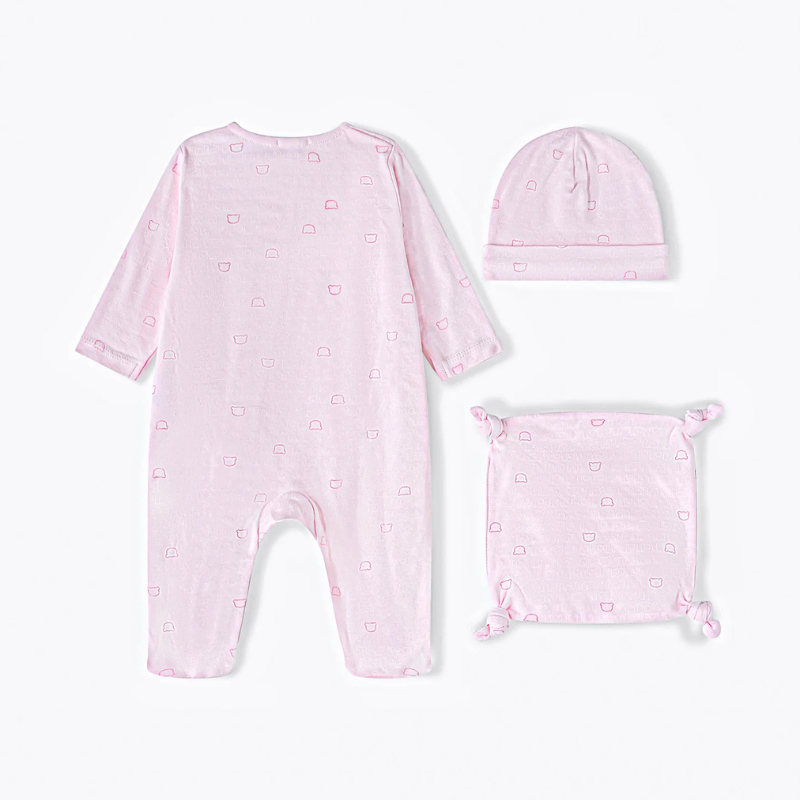 Set 3 pezzi tutina, berretta e doudou rosa