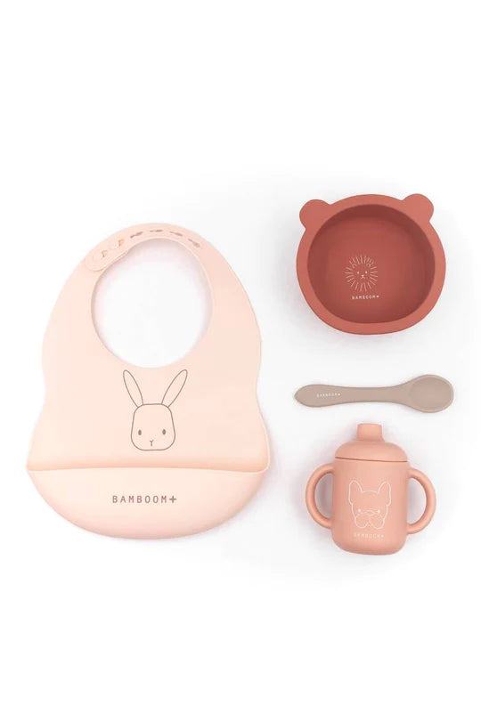 Set Baby in Silicone ( bavaglino, scodella, cucchiaio, bicchiere con beccuccio) - PINK 07