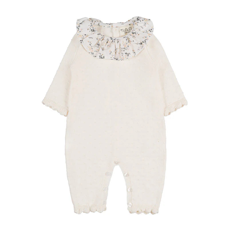 Tutina in filo con colletto fiorato - Off White