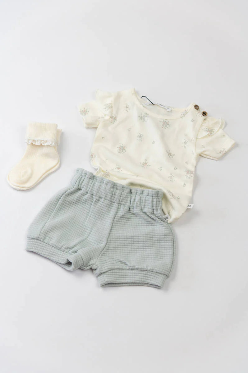 Shirt spalle volant - Bouquet con Pantaloncino palloncino - Azzurro